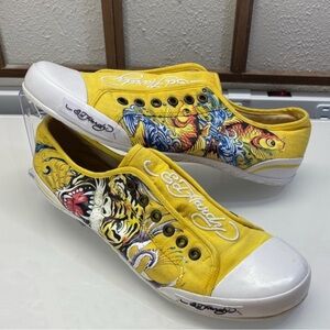 Ed Hardy | NWOT yellow slip on laceless koi shoes | size 6